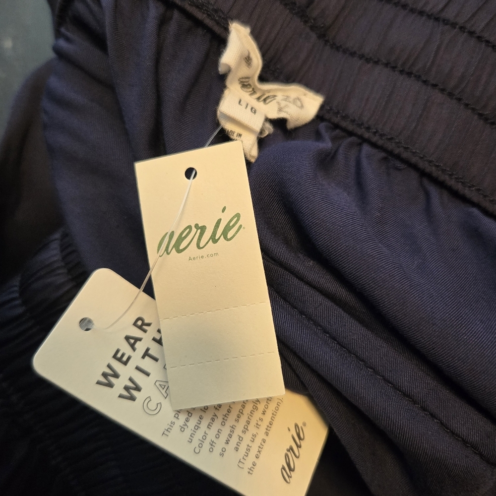 AERIE NWT Navy Blue Shiny Satin Women's Drawstring Loose Fit Cargo Pants - Picture 7 of 11